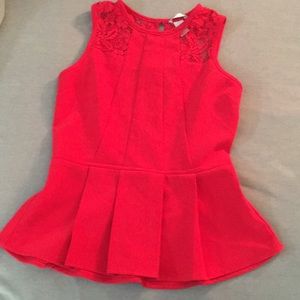 red, lace detail, sleeveless, peplum, tank. EUC